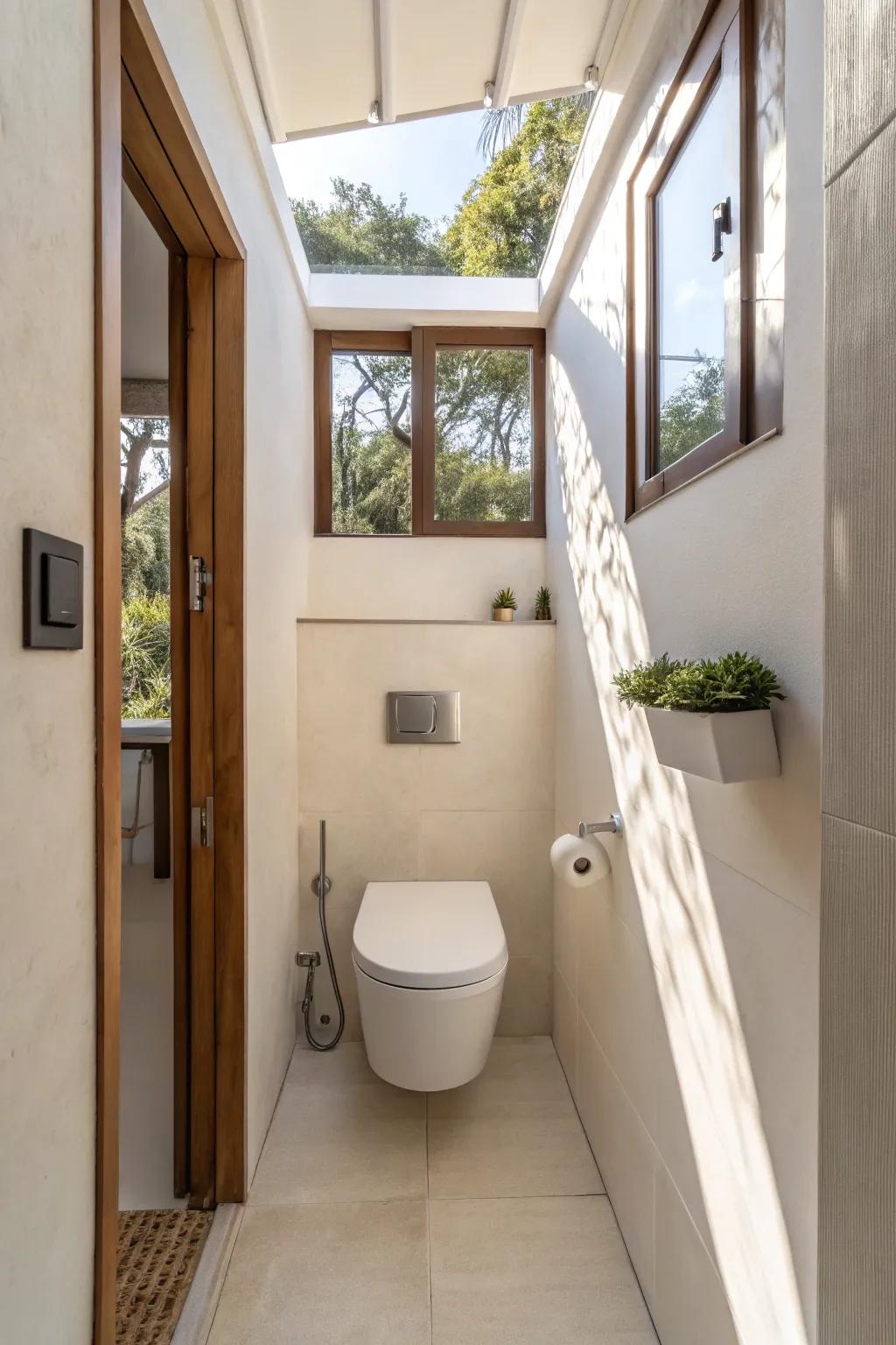 Wall-mounted toilet enhancing space in a tiny bathroom