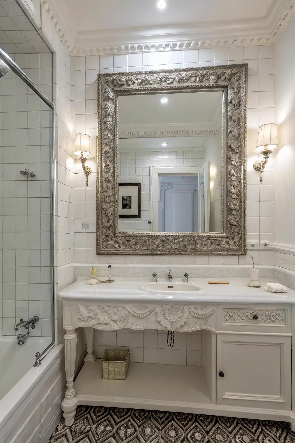 A traditional white bathroom featuring a large ornate framed mirror that adds elegance and depth.