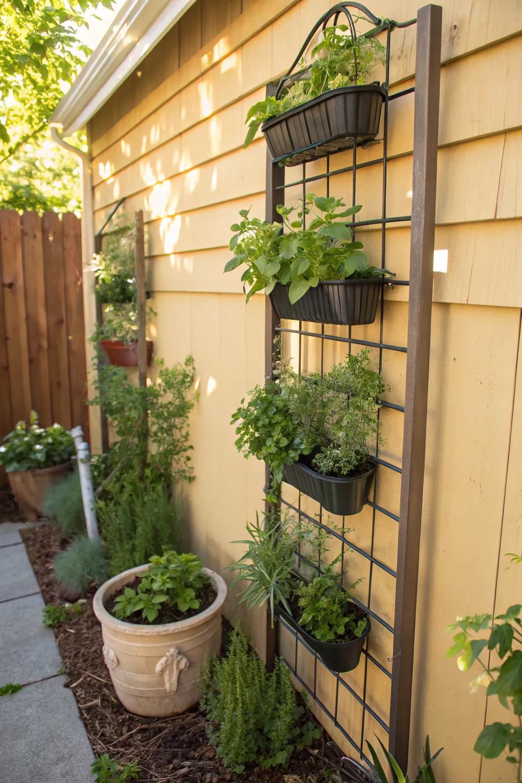 Maximize space with a vertical herb garden on a trellis.