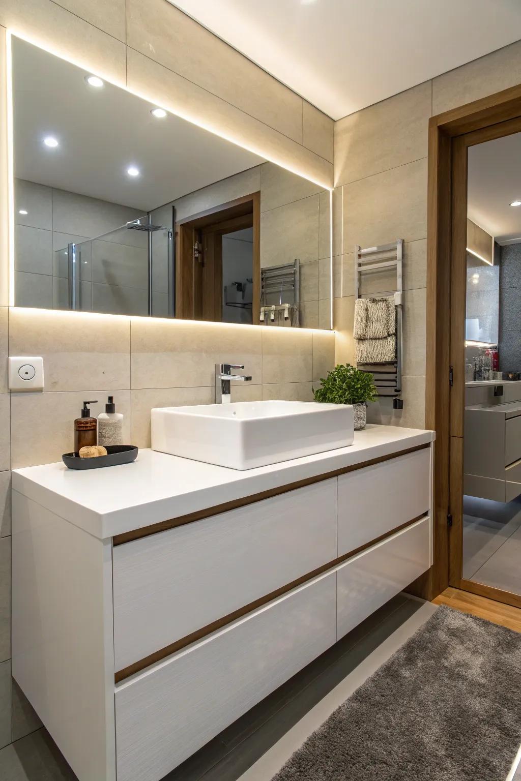 A modern bathroom featuring a fitted basin and vanity providing a pristine, seamless appearance.