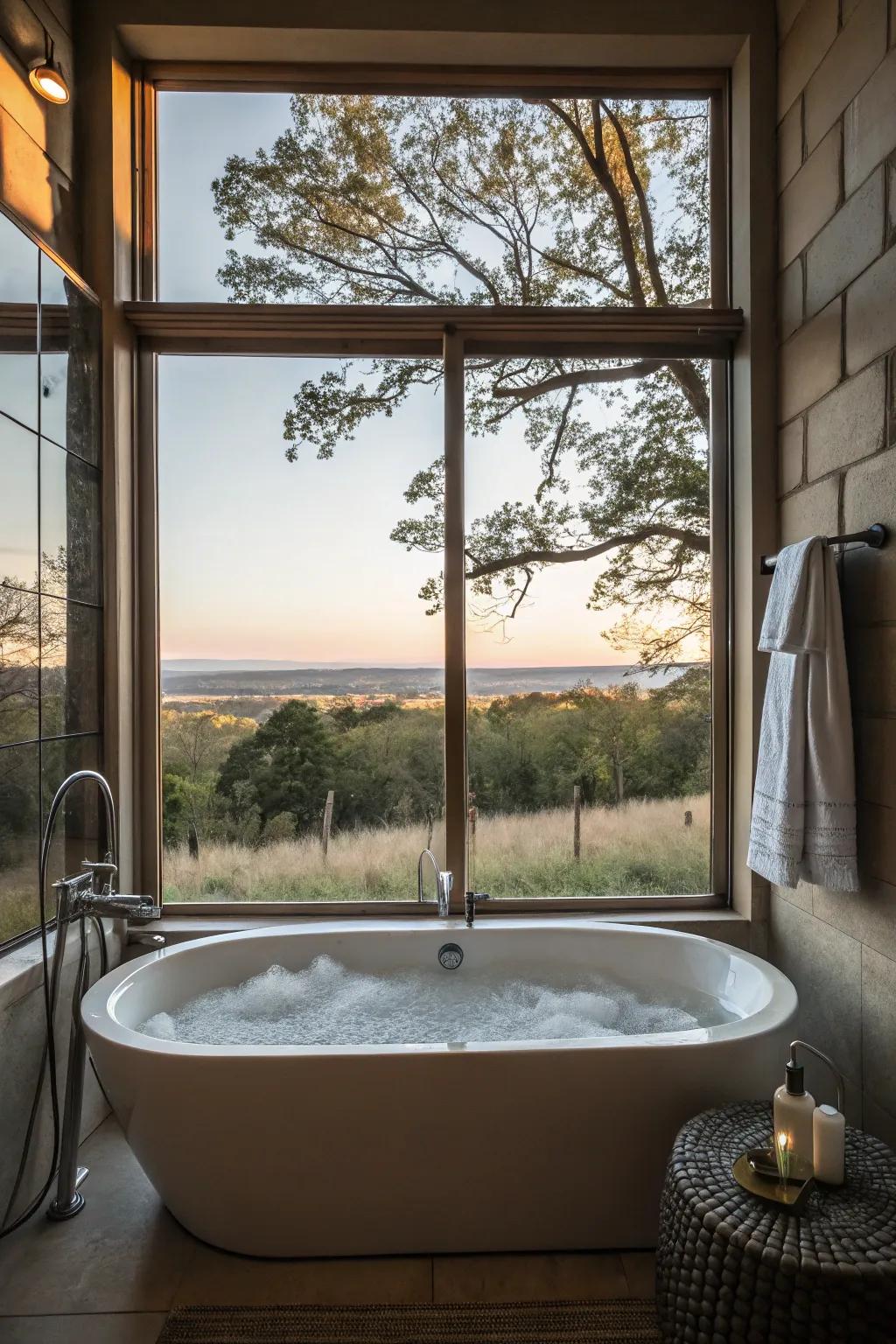 A tub with a view provides a serene and relaxing atmosphere.