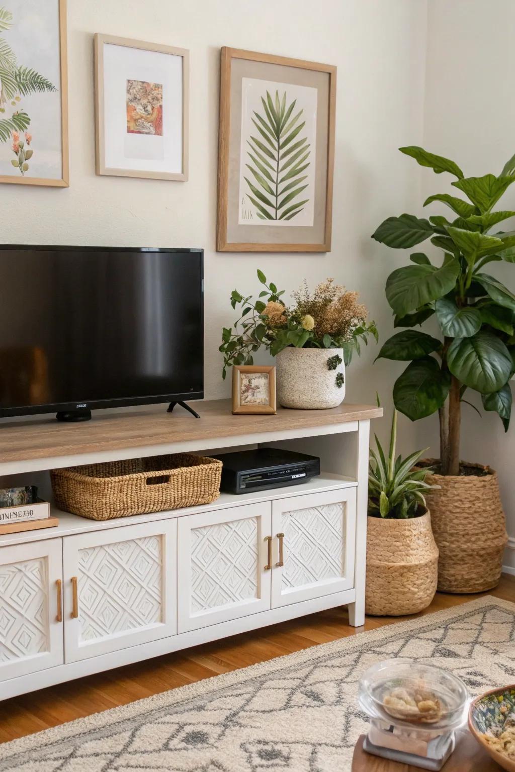 Layered decor with plants and artwork on a TV console.