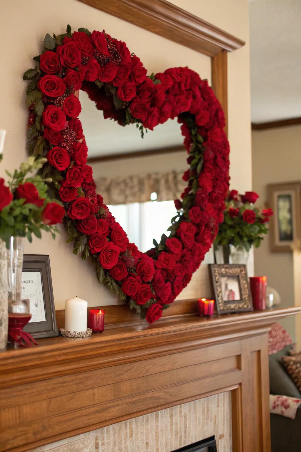 A vibrant heart-shaped wreath adding charm to the mantel.