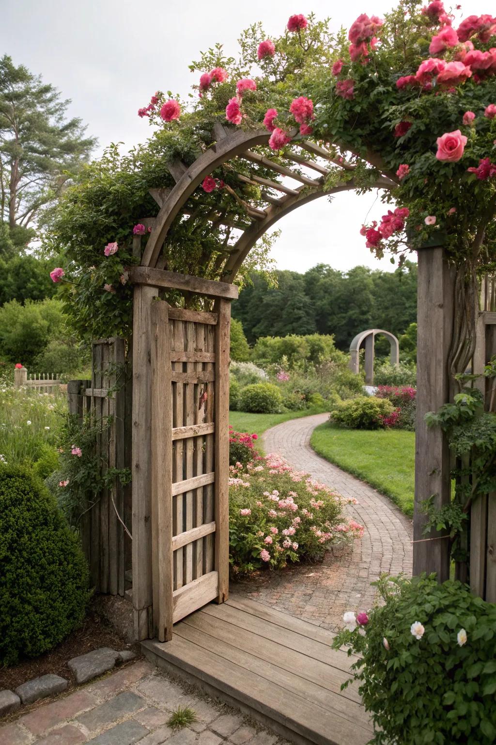 An arched pergola gate draped in vibrant flowers.