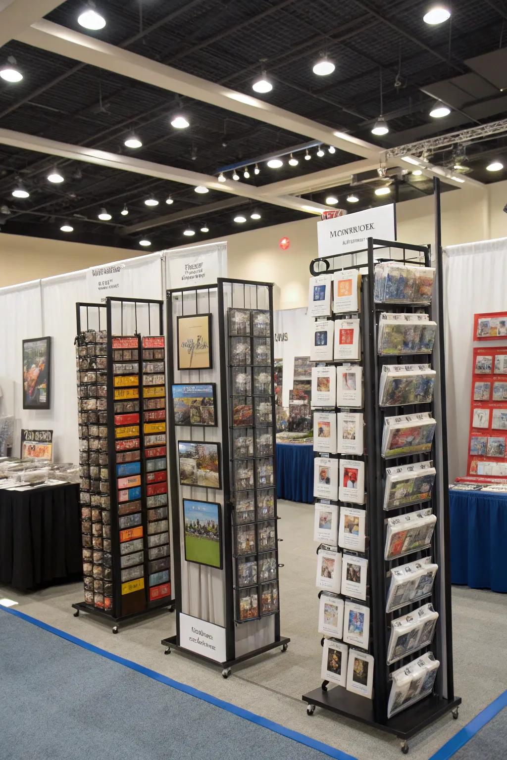 Creative utilization of vertical space using tall stands and displays.
