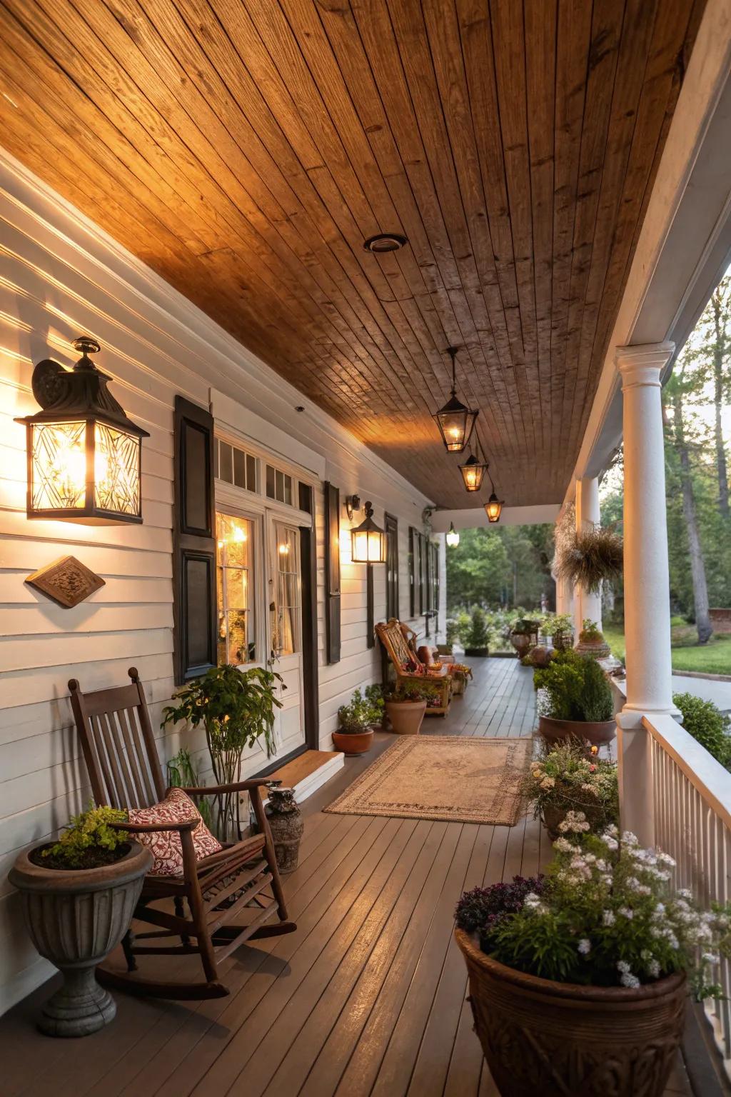 Wood-look vinyl ceilings infuse a cozy, rustic charm into any porch setting.
