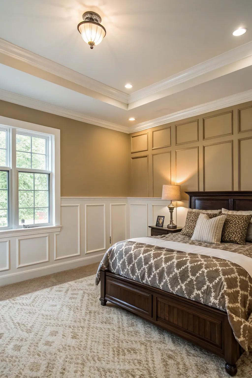 Two-toned wainscoting adds depth and sophistication.