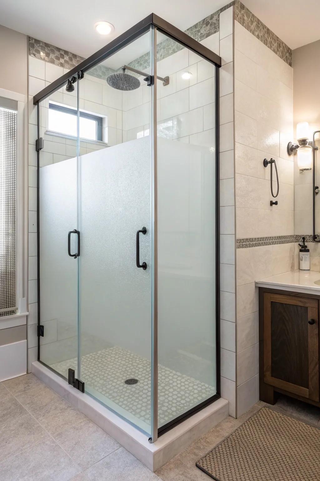 Sleek glass enclosures create a modern look while maintaining privacy.