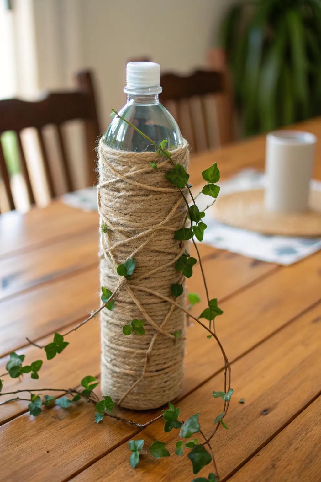 A rustic water bottle wrapped in twine and adorned with faux leaves.