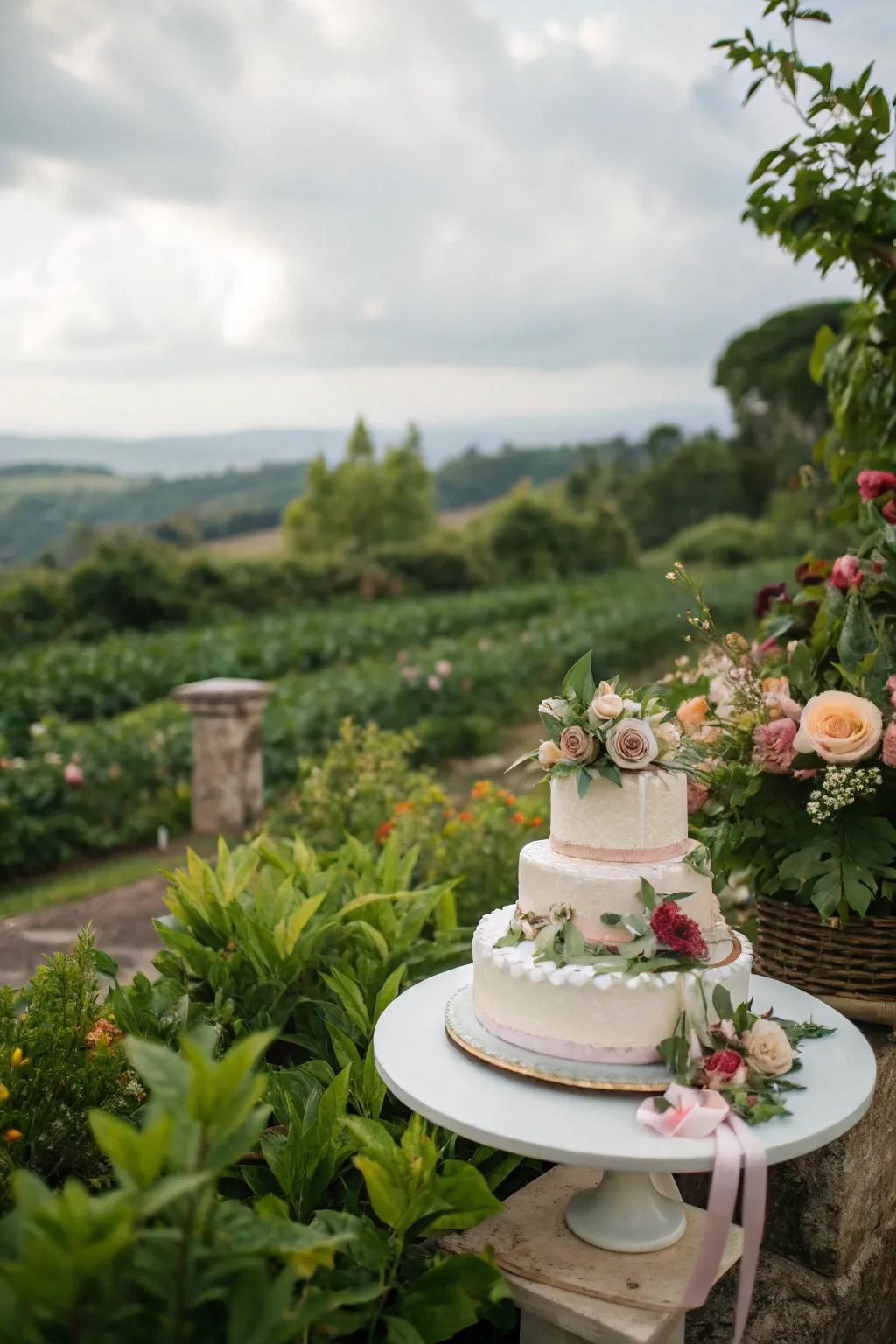 A wedding cake surrounded by verdant greenery for a natural look.