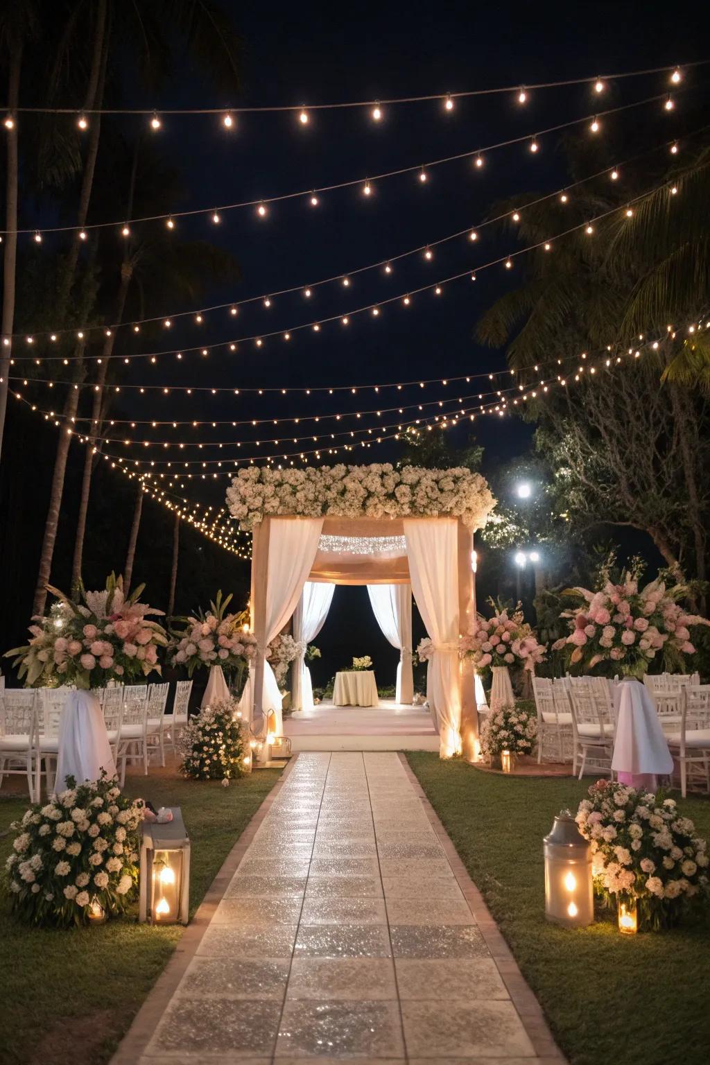 A wedding venue beautifully illuminated with string lights, creating a romantic ambiance.