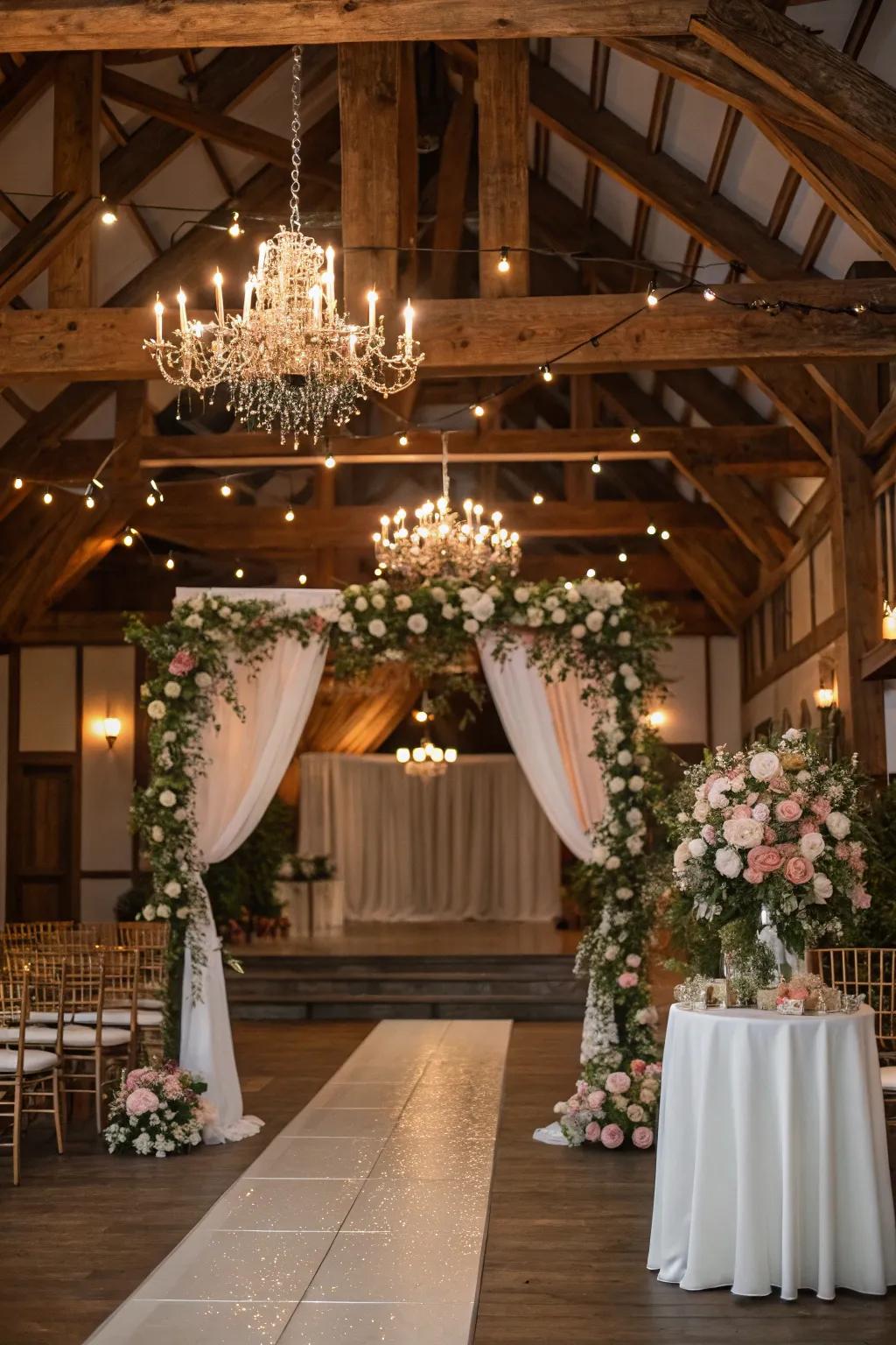 A cozy indoor wedding setting with a rustic charm.