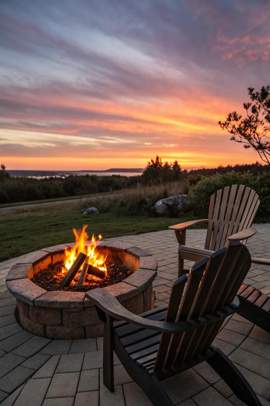 A centralized bonfire center crafts a snug gathering area on the patio.