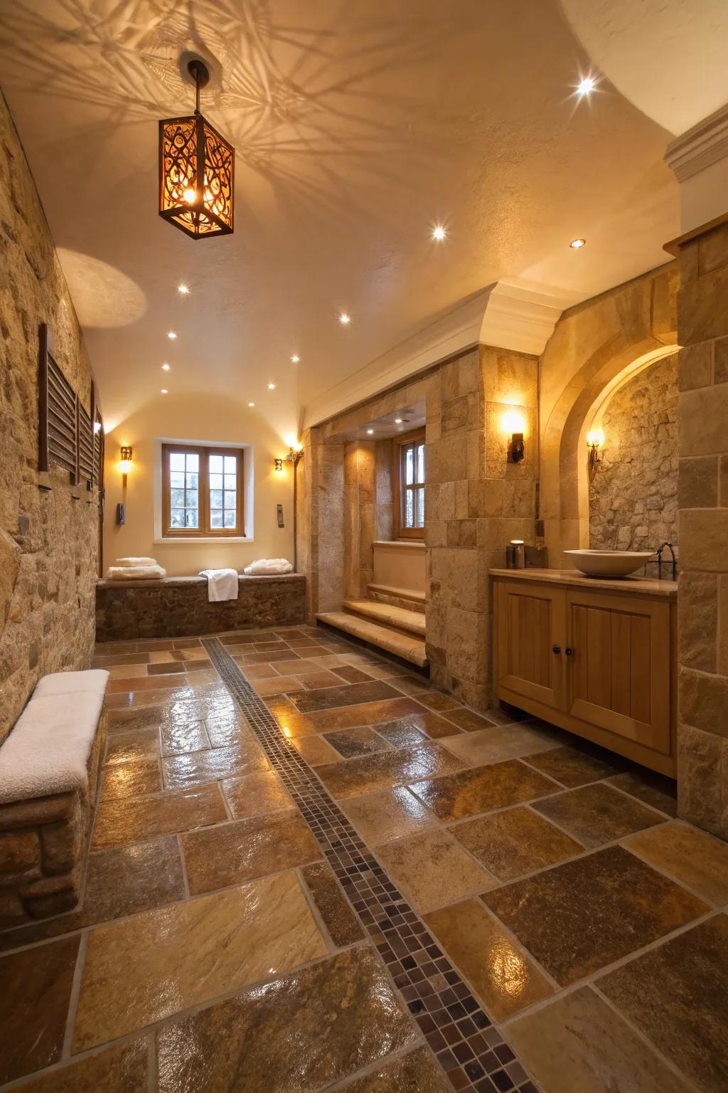 Genuine rock flooring introduces an enduring sophistication to any wet room setting.