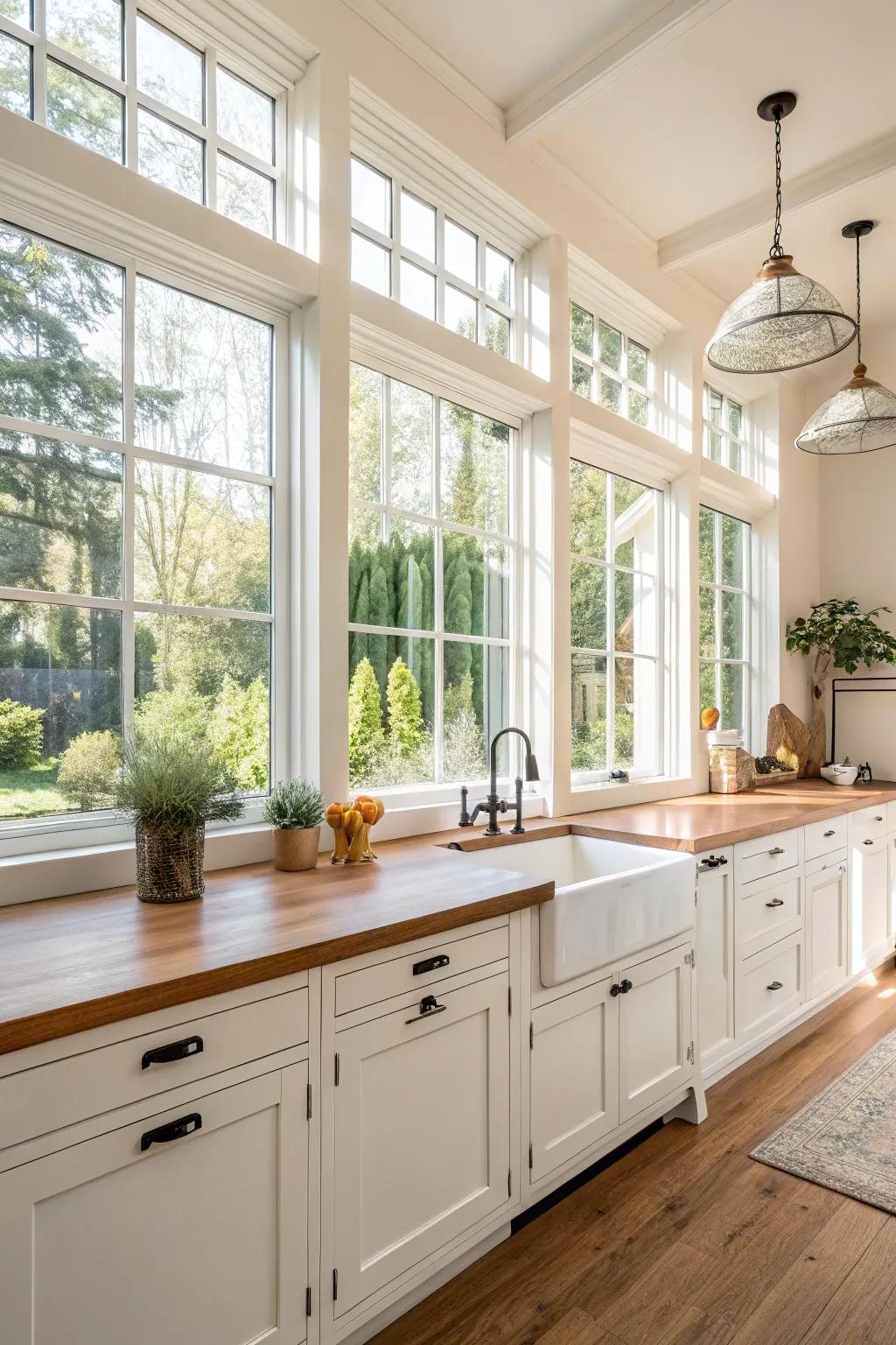 Natural light streaming into a kitchen, highlighting the beauty of white and wood.