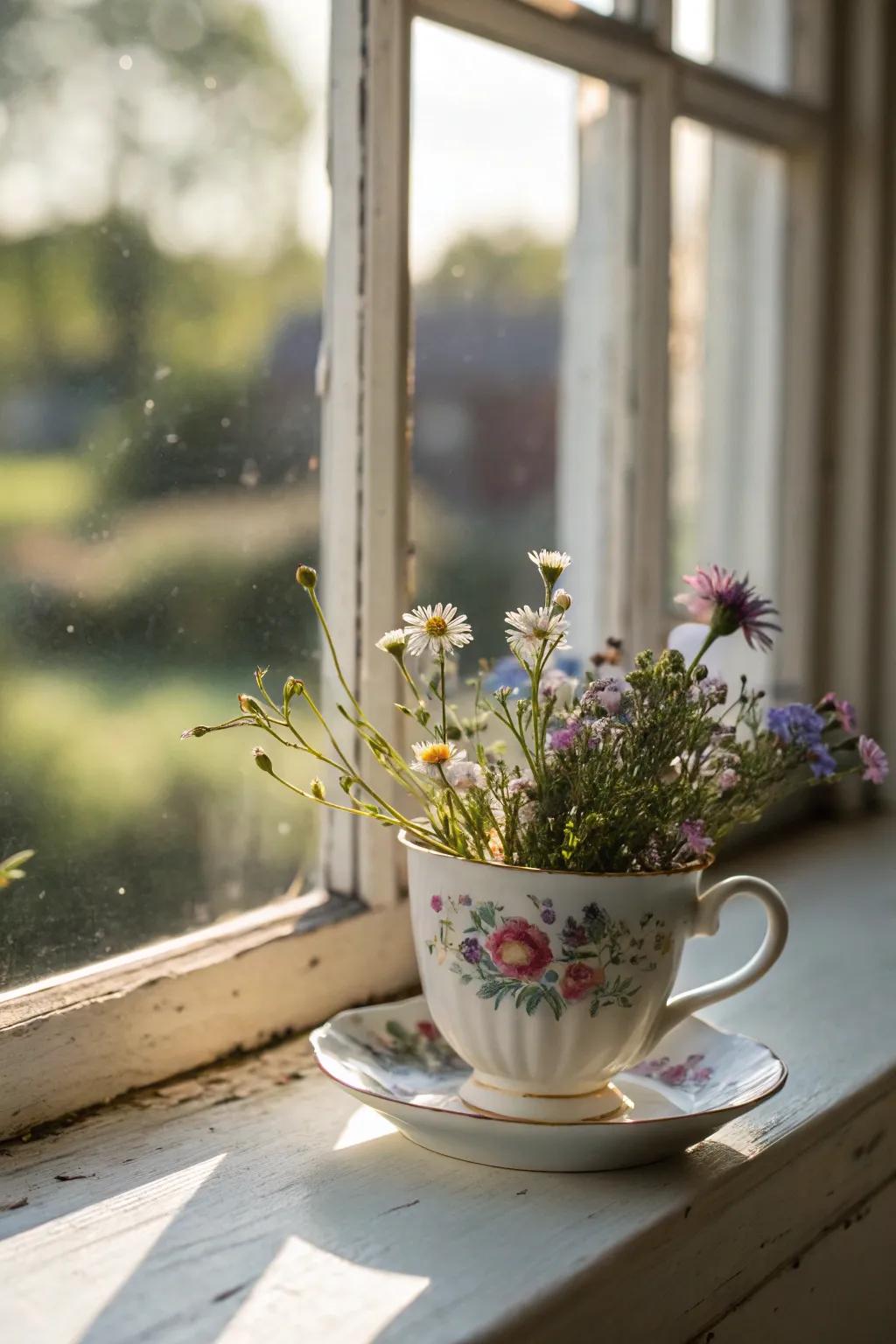 Antique teacups morph into fanciful vessels for petite wildflower displays.