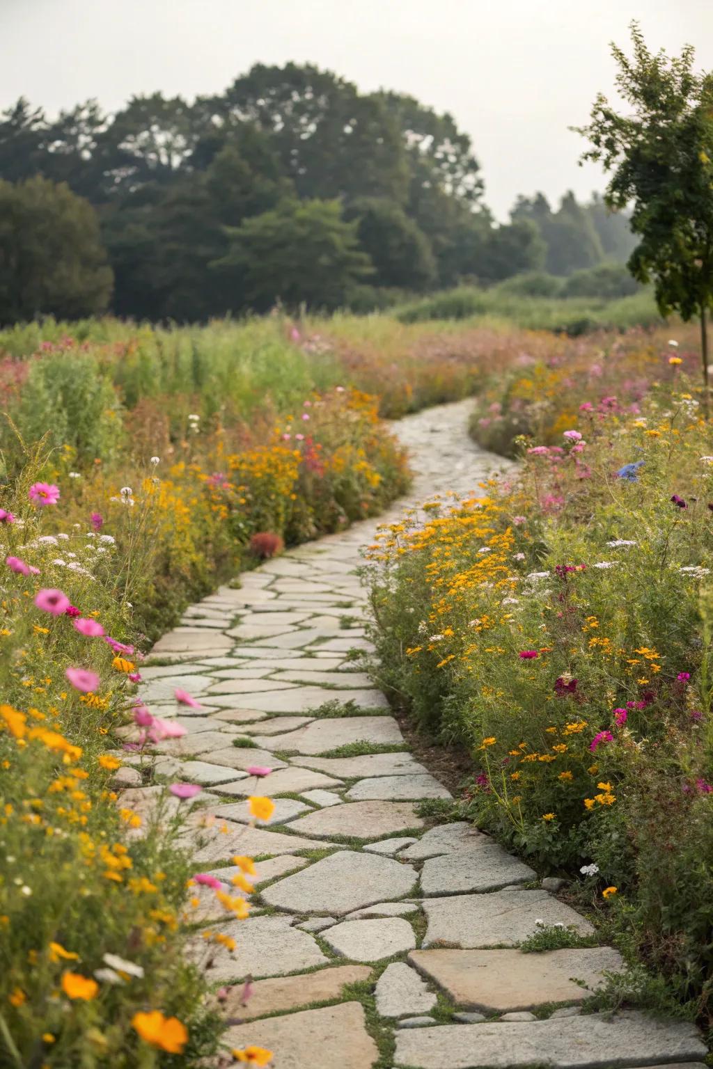 A stone pathway inviting you to explore a wildflower haven.