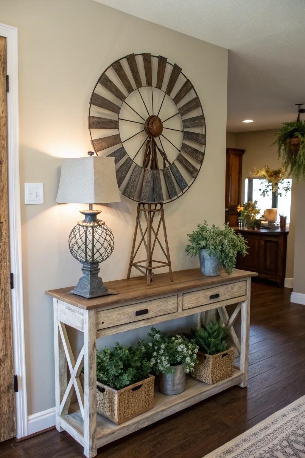 Windmill decor in the entryway sets a charming tone.