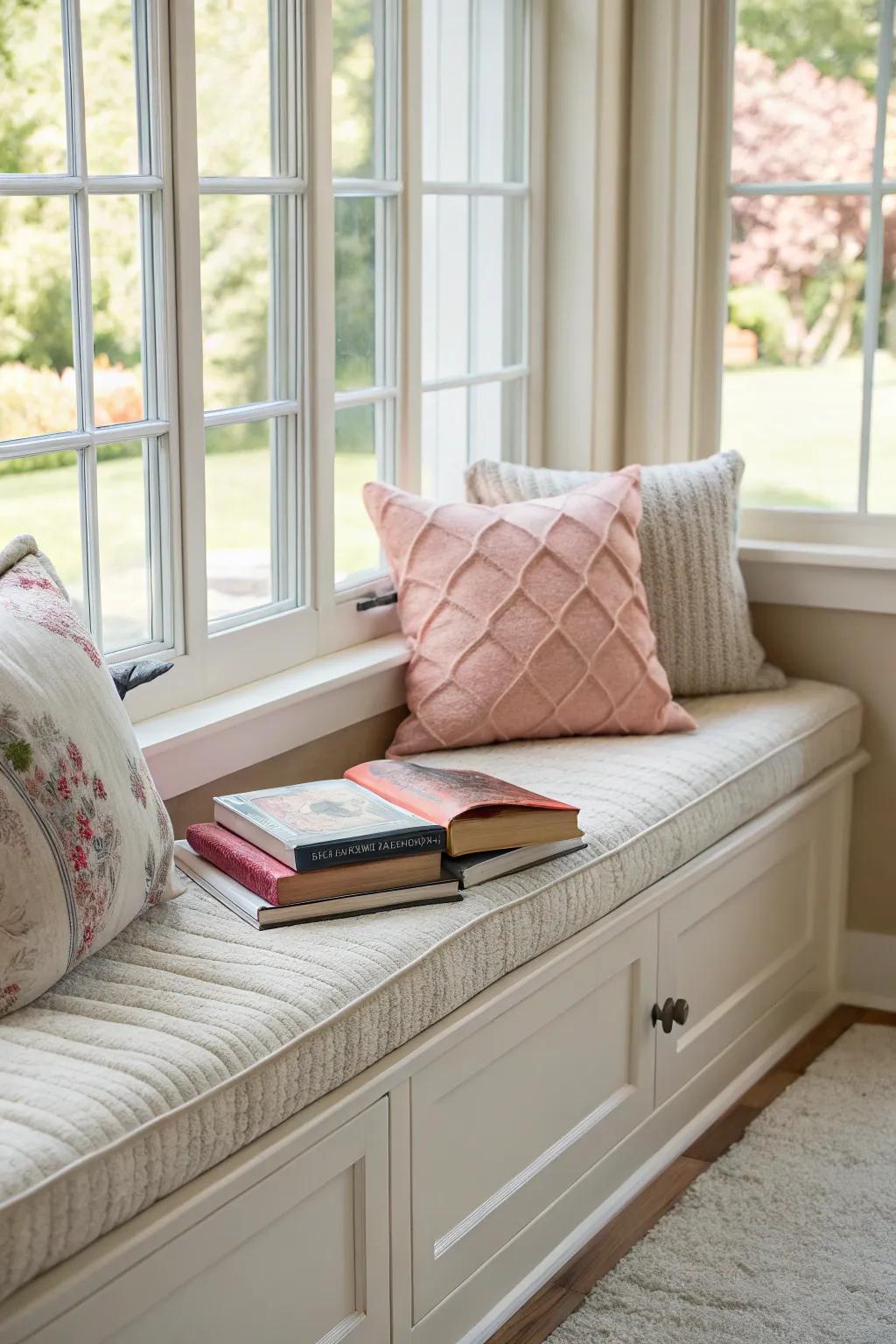 A built-in window bench with cozy cushions and books.