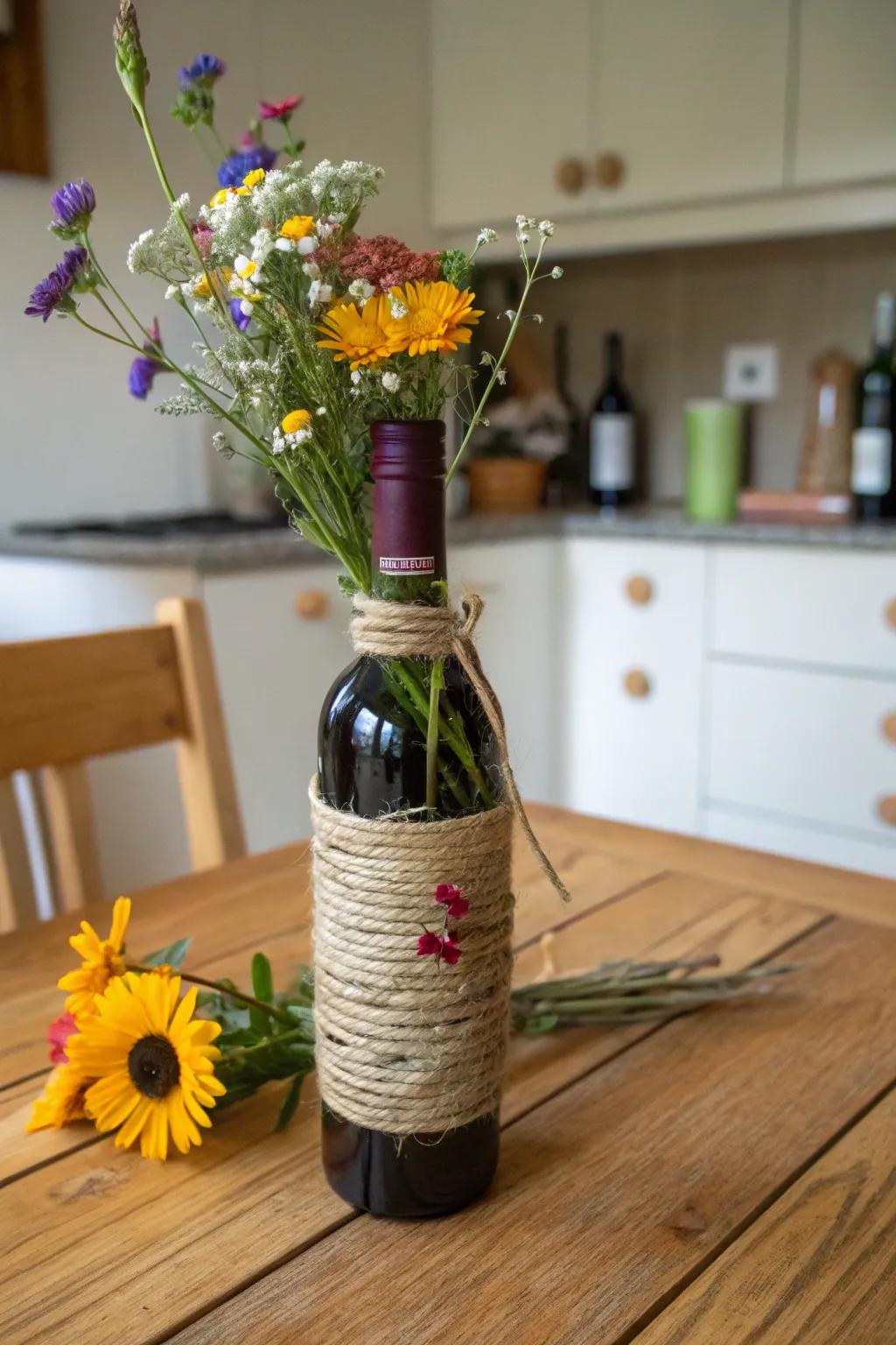 String-wrapped grape juice bottles bring a rustic touch to any setting.