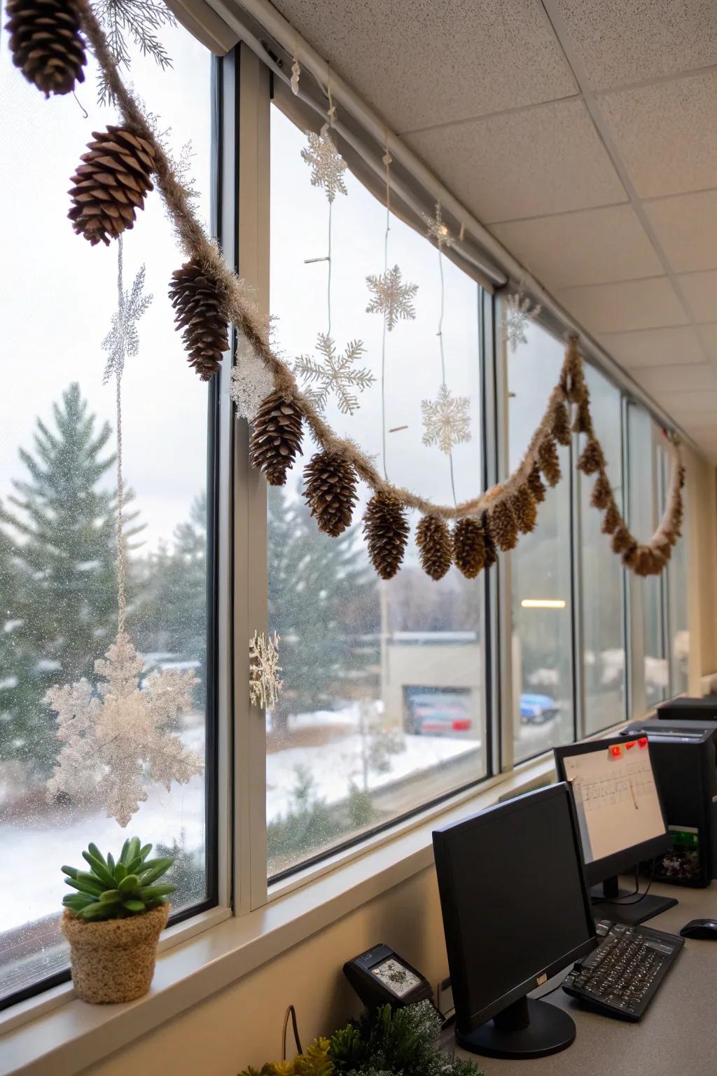 A handmade garland adds rustic charm and a personal touch to the office.