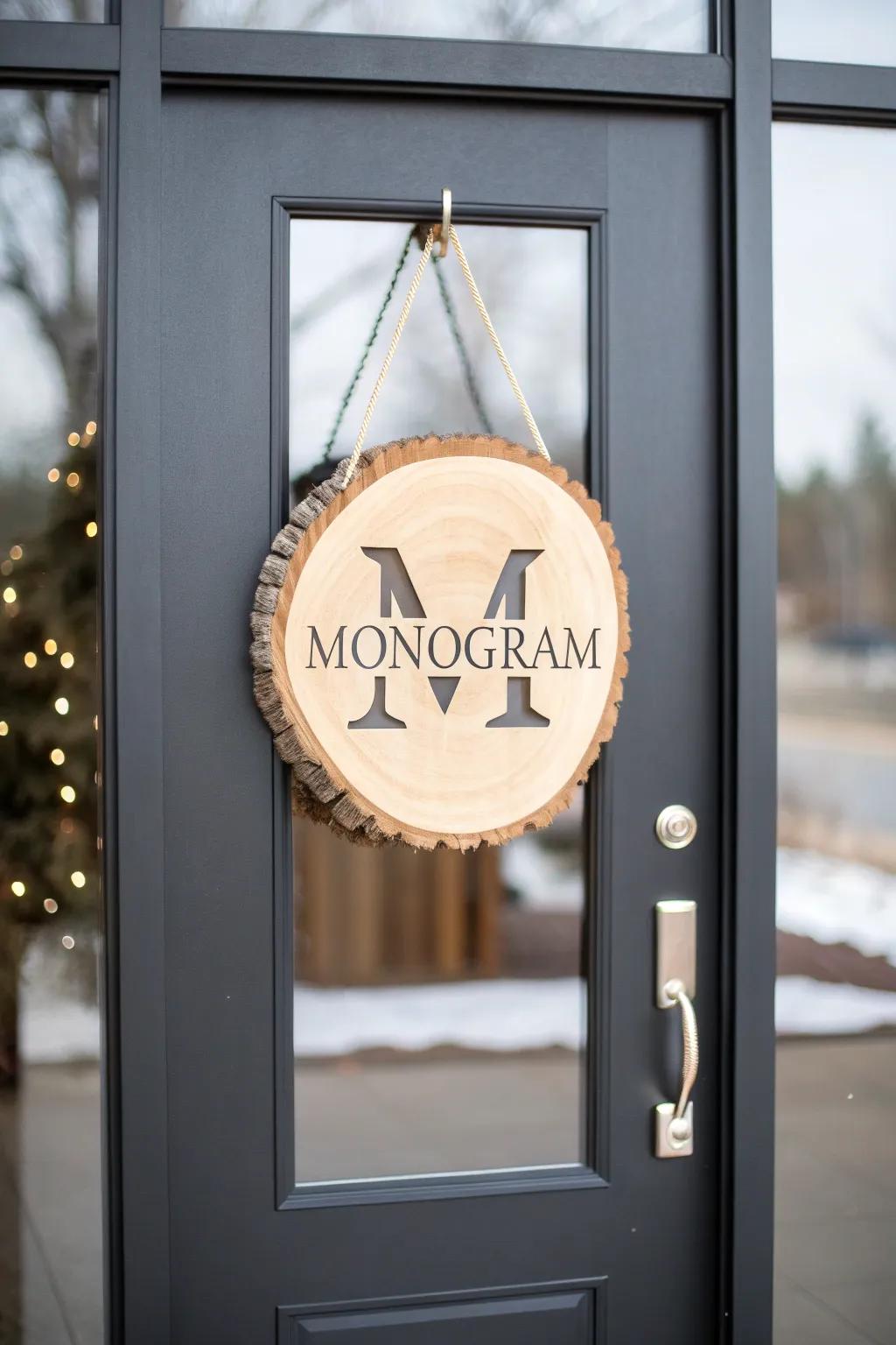 Minimalist monogram wood slice wreath for a personalized touch.