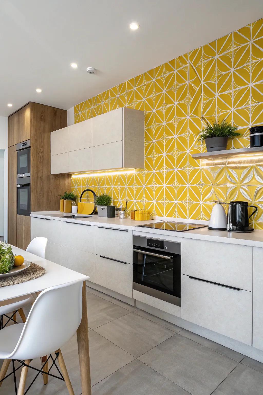 Geometric patterns add a playful touch to this yellow backsplash.