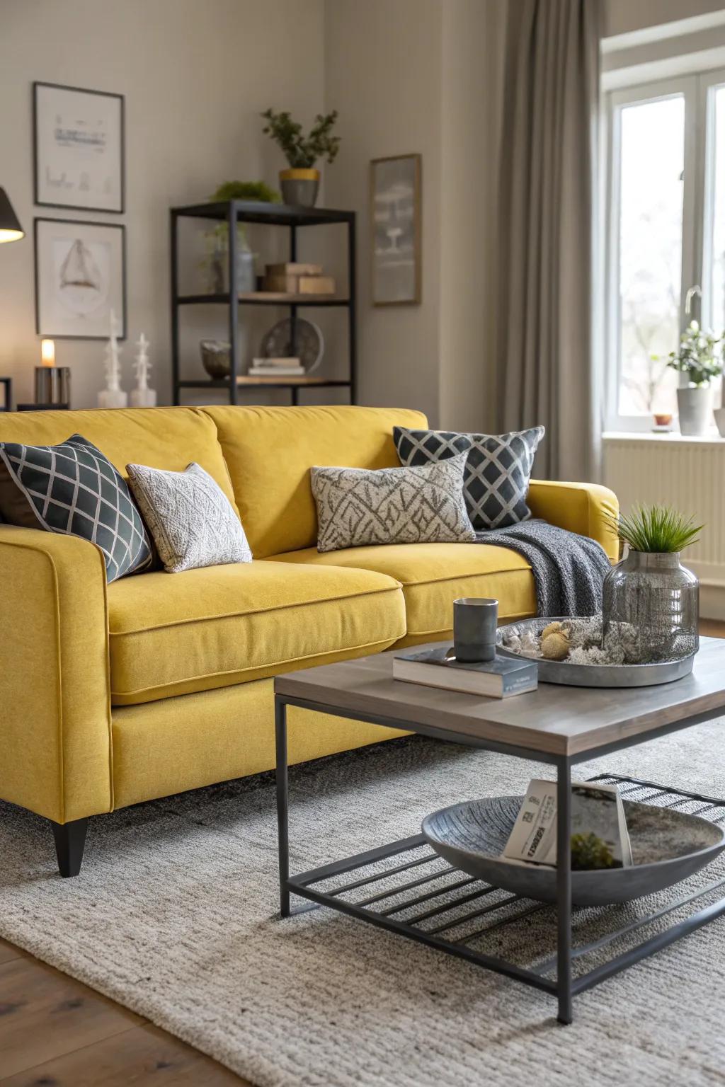 A vibrant living room with a yellow sofa as the focal point.