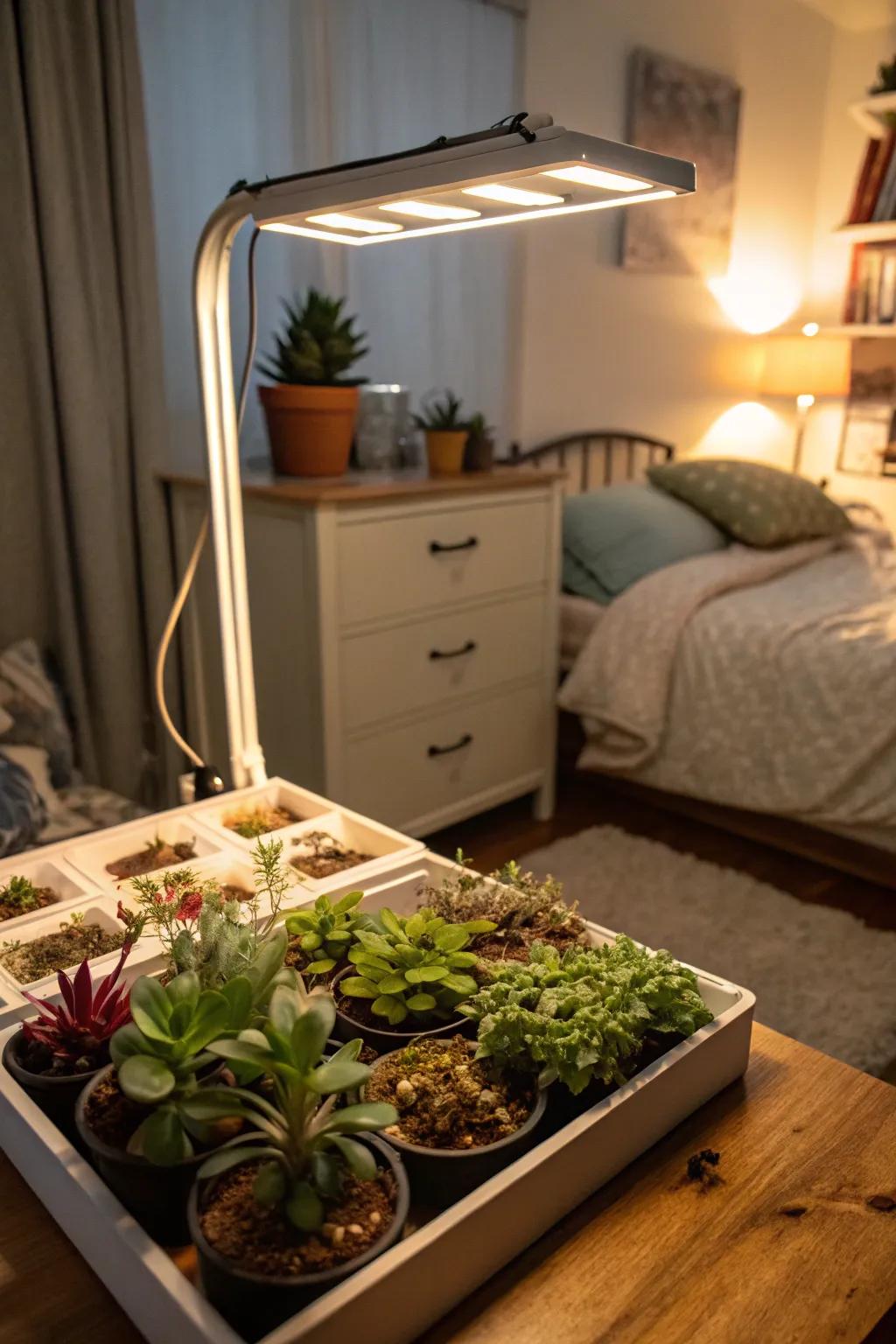 Under-bed grow lights adding a whimsical touch to a bedroom.