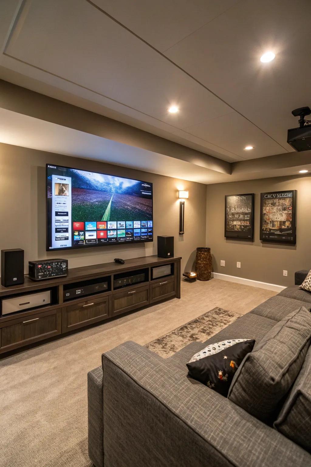 A basement TV room equipped with smart home technology for easy control of lighting and audio.