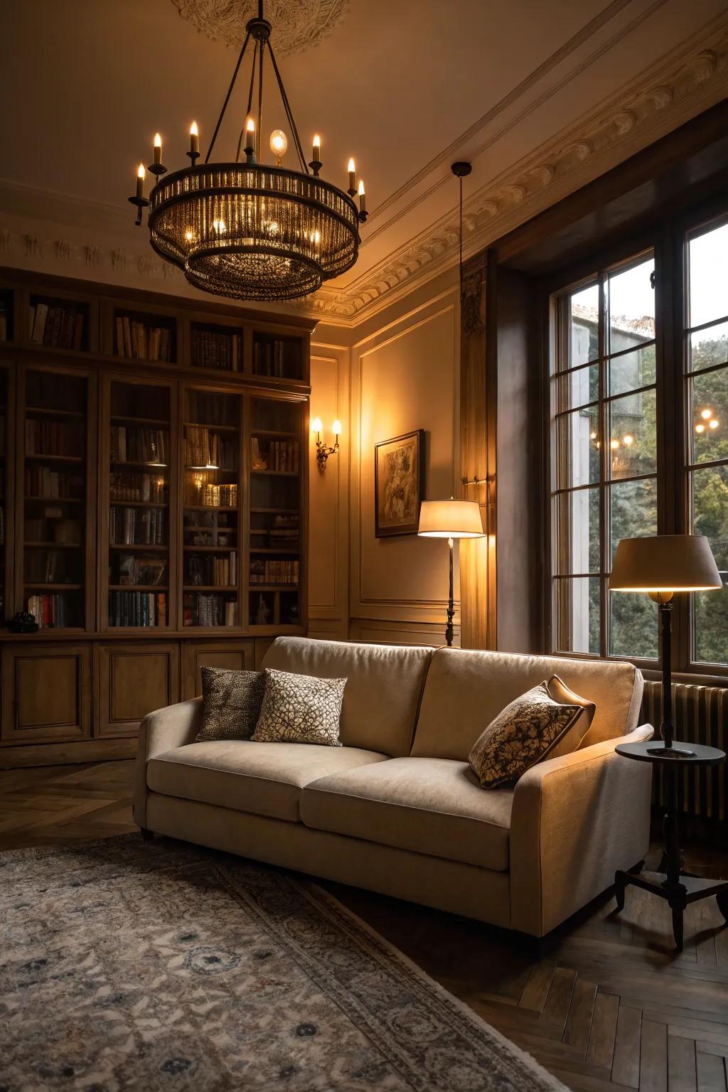 Striking lighting fixtures illuminate a living room with a beige couch.