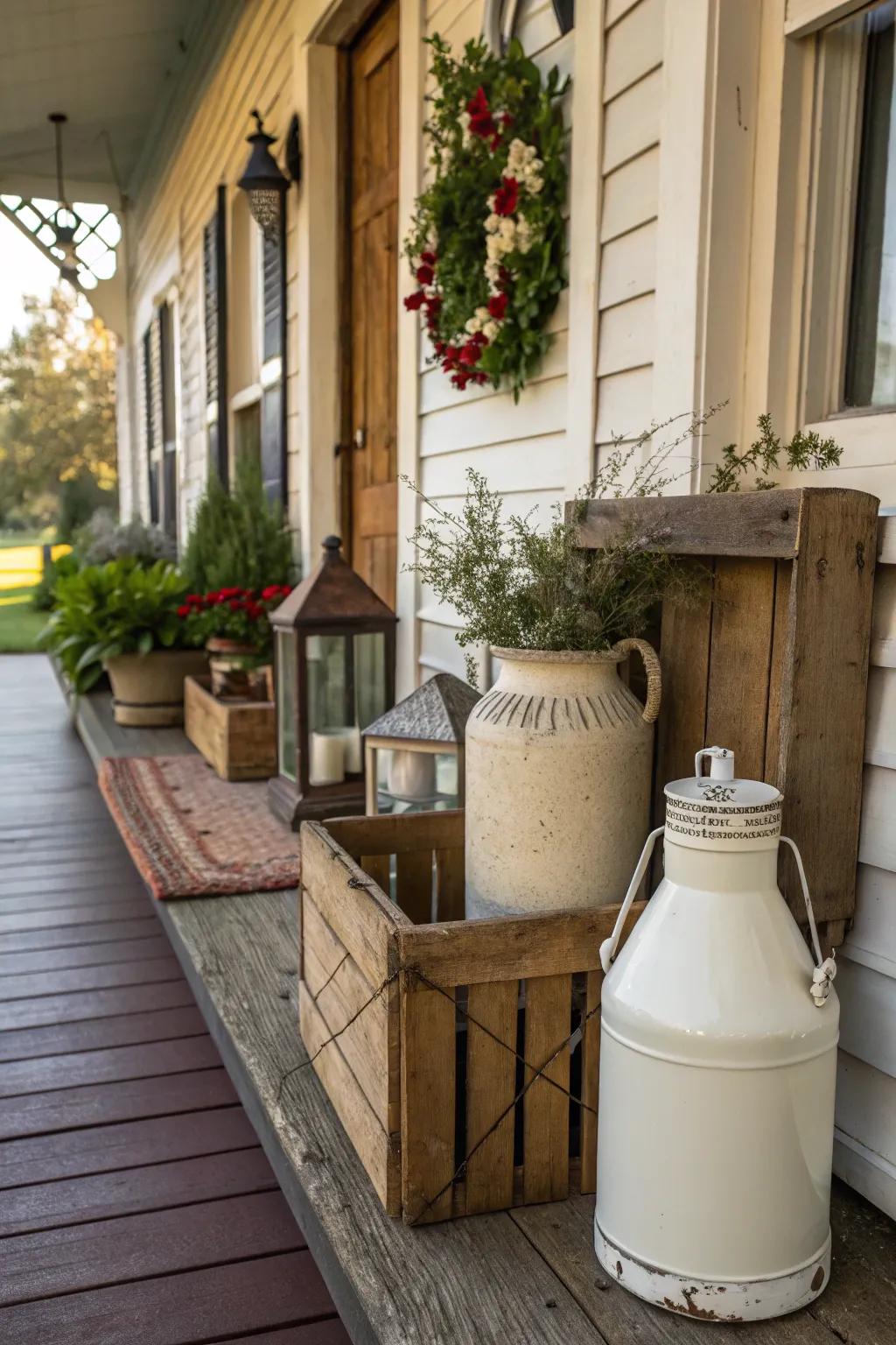 Vintage finds adding character and nostalgia to the porch decor.