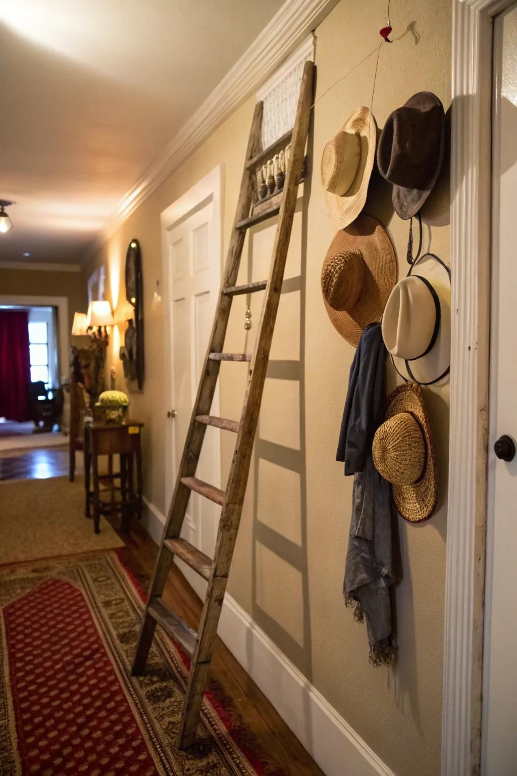 A vintage ladder brings rustic charm to your hat display.