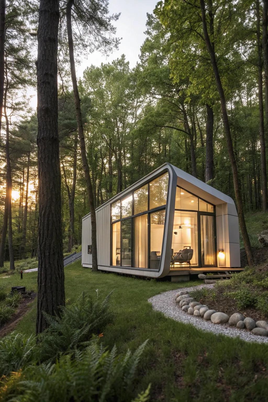 A futuristic 3D-printed nature nook in the woods.