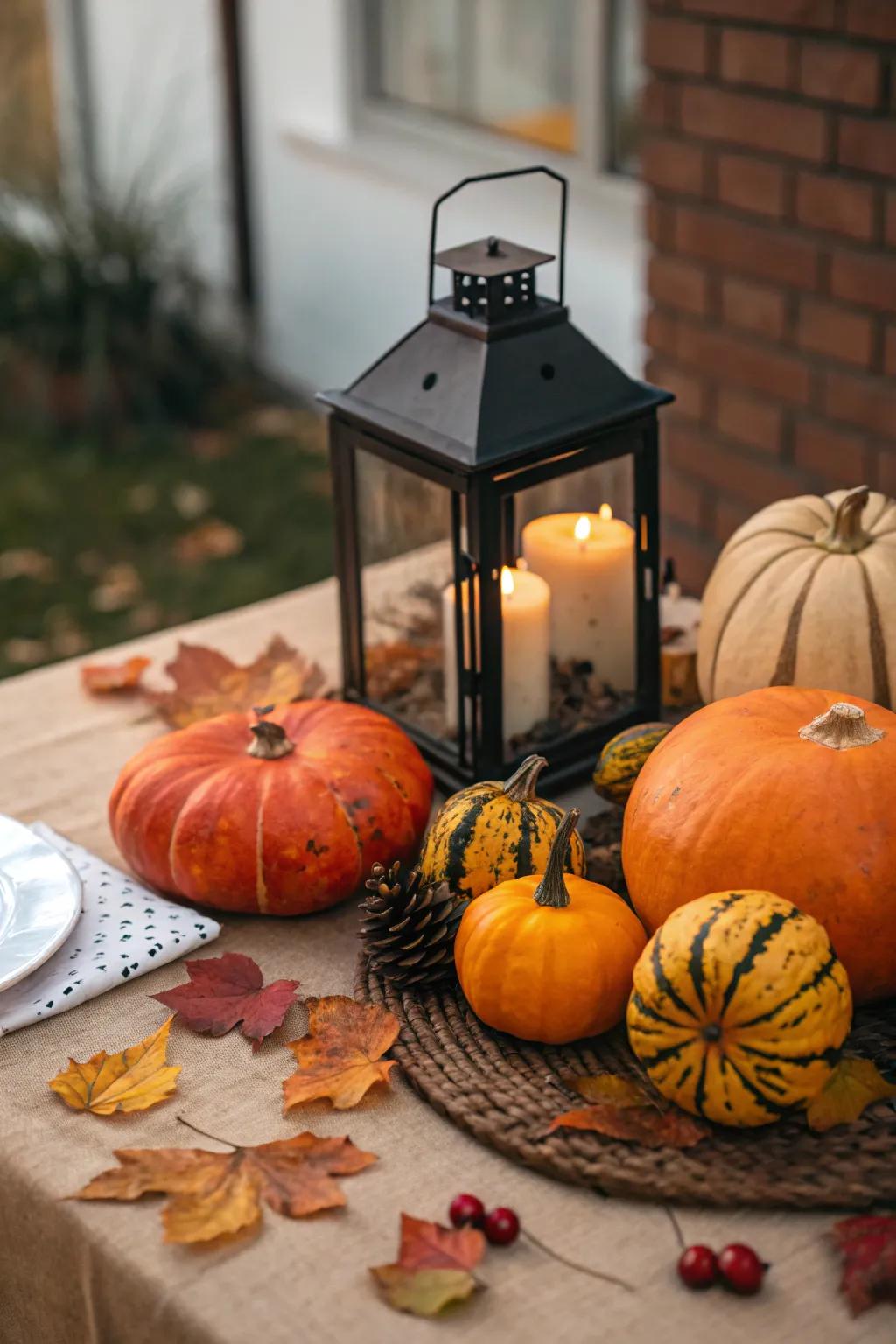 A lantern surrounded by seasonal fruits for a fall theme.