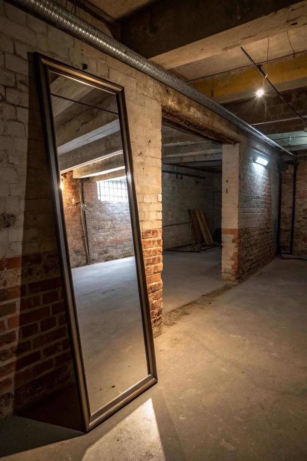 Floor-length mirrors add height and brightness to the basement.