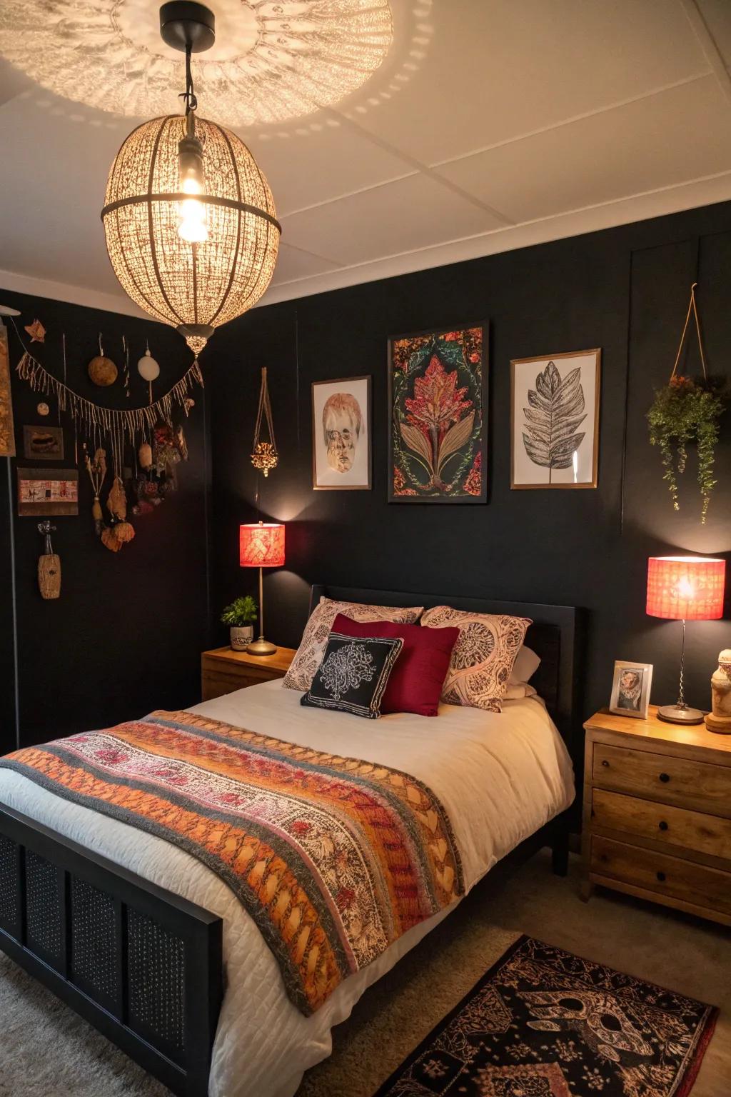 Personalized decor brings warmth and uniqueness to this luxurious black bedroom.