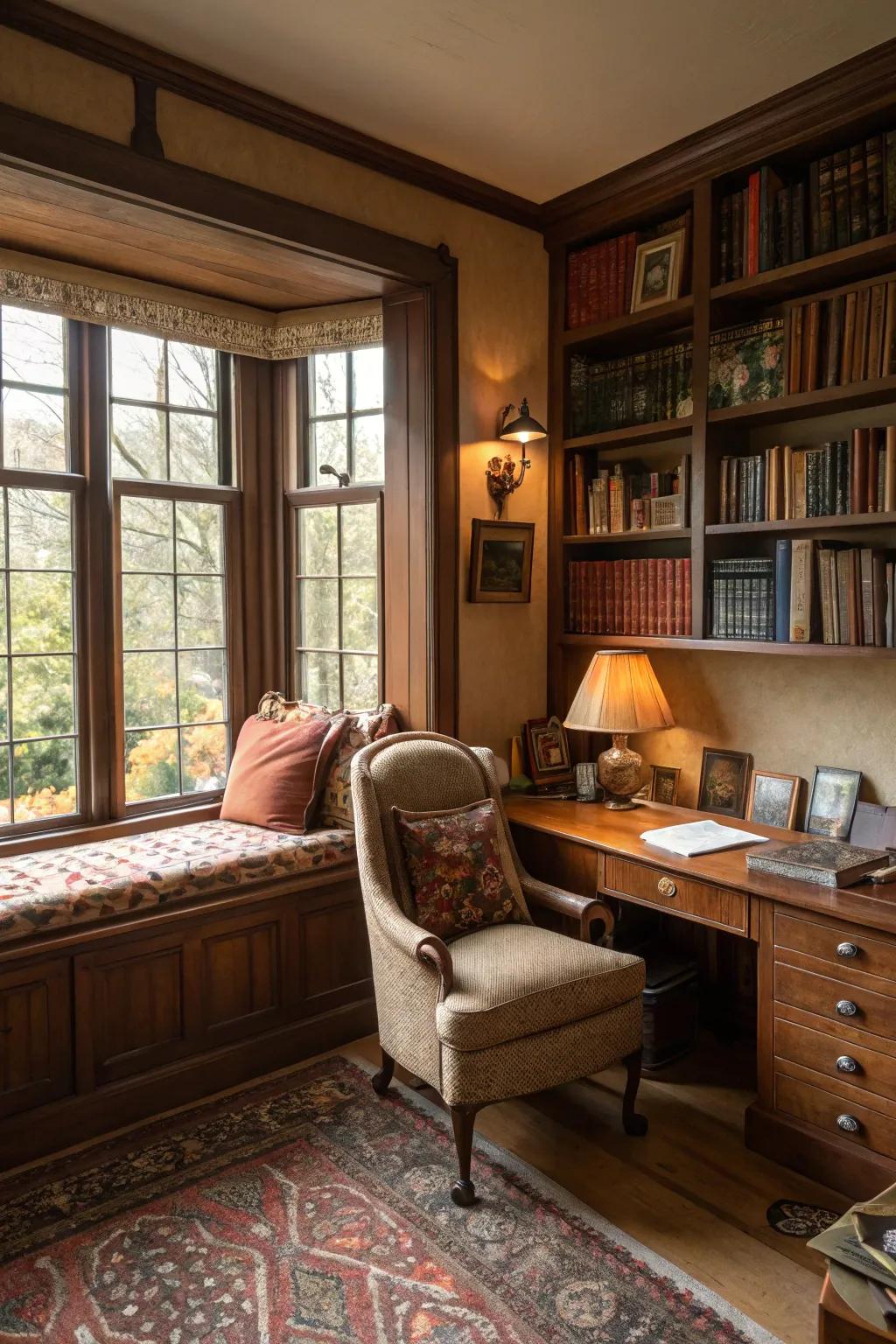 A cozy reading nook with a window seat