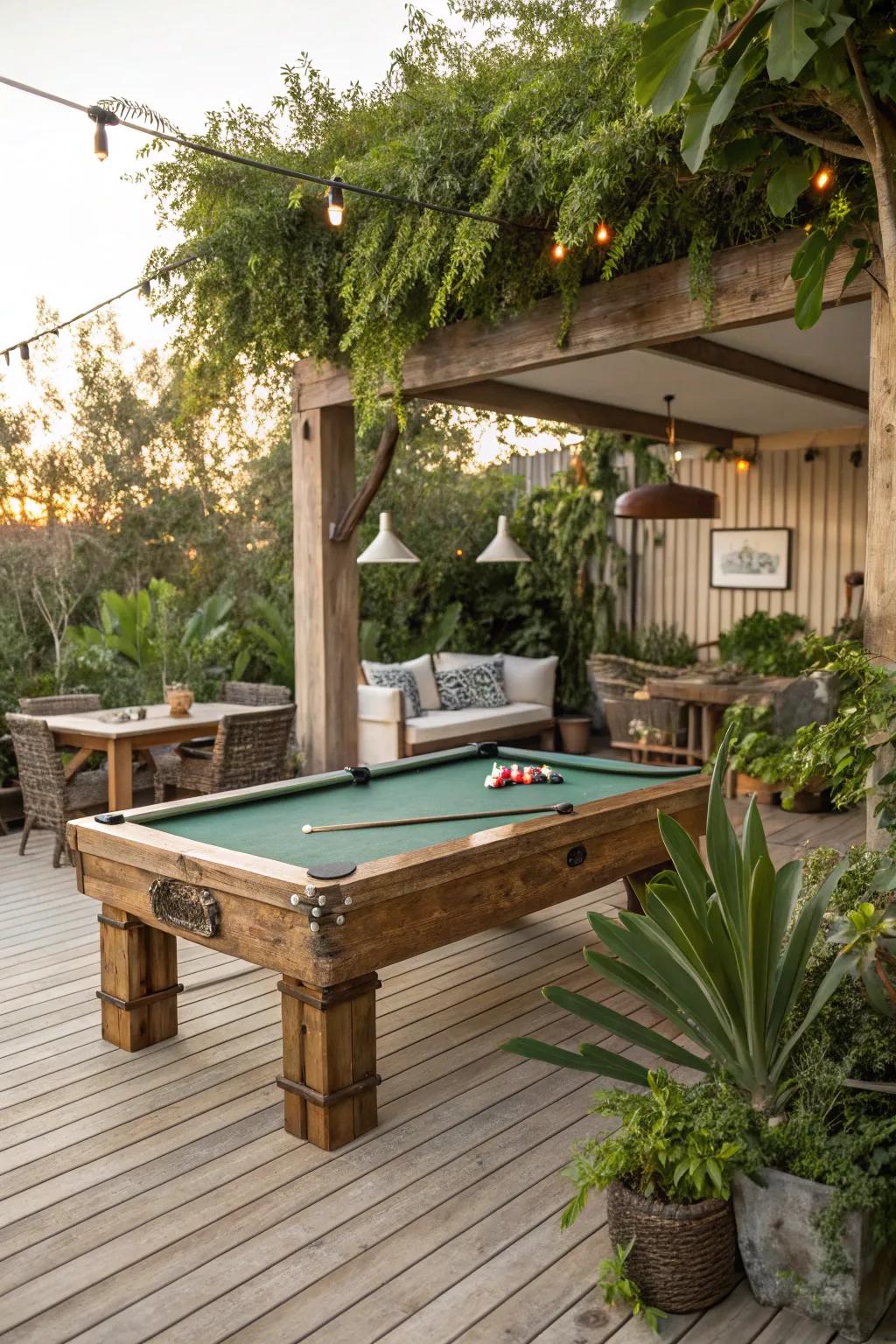 An eco-friendly pool table area with reclaimed wood and natural decor.