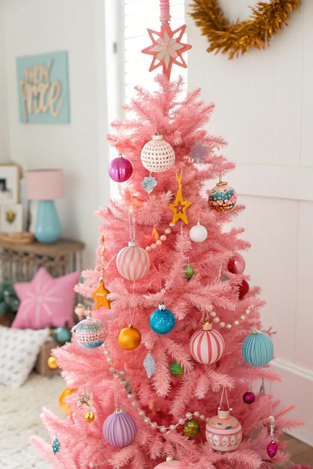 DIY ornaments add a personal touch to this charming pink tree.