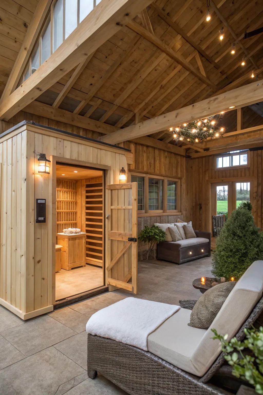 A spa-like sanctuary in a pole barn with a sauna and relaxation zone.