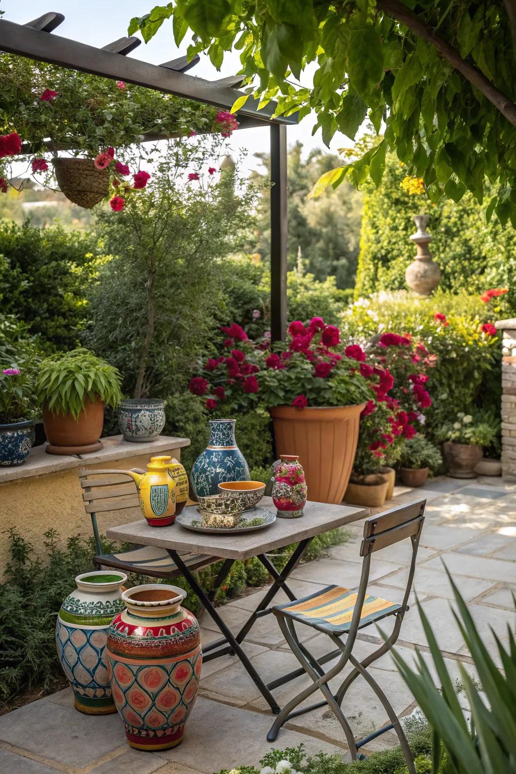 An outdoor pottery display set on a patio table.