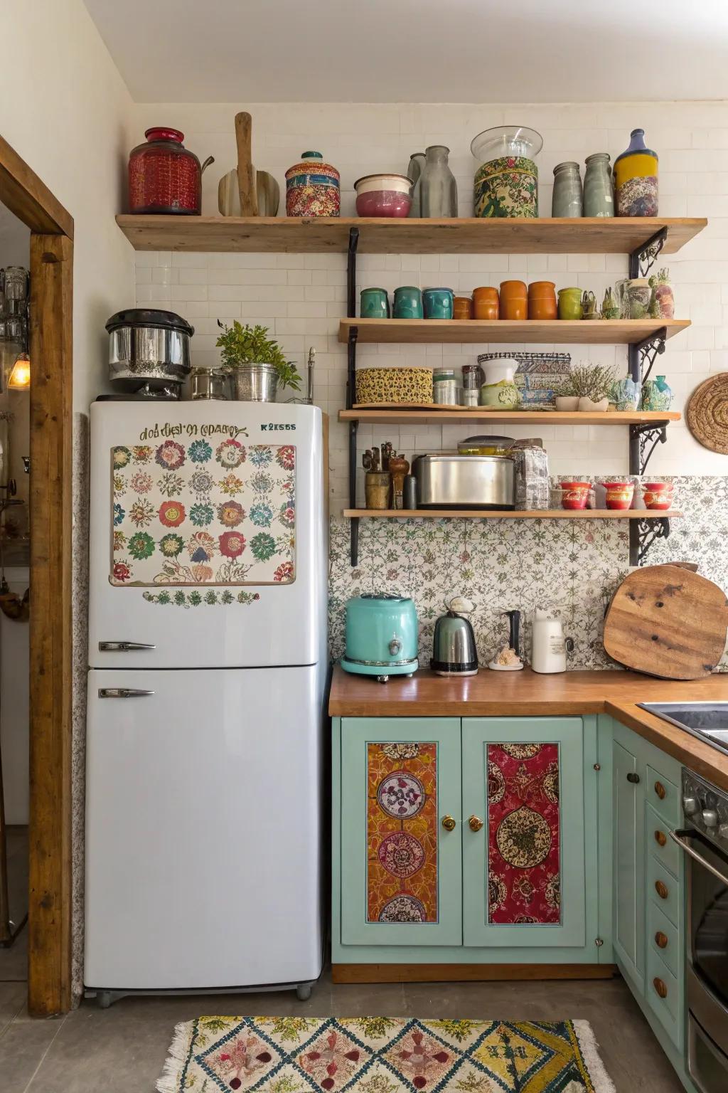 An eclectic mix of styles around the refrigerator adds energy and personality to the kitchen.