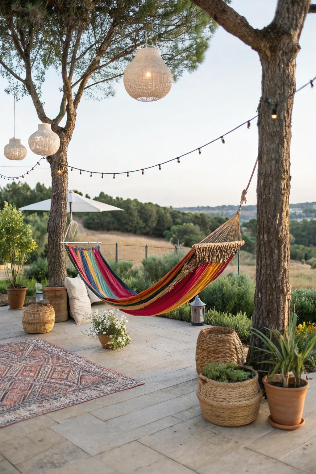 A boho-inspired outdoor space extends the rustic charm outside.