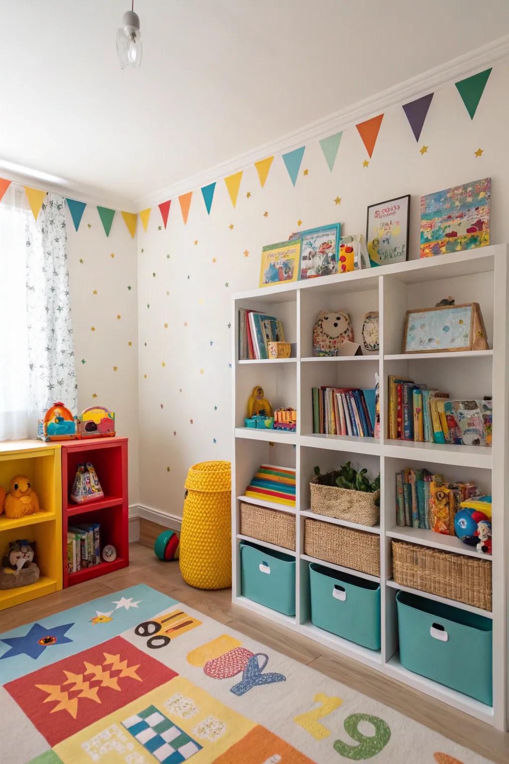 Kids' room with colorful shelves for a playful look.