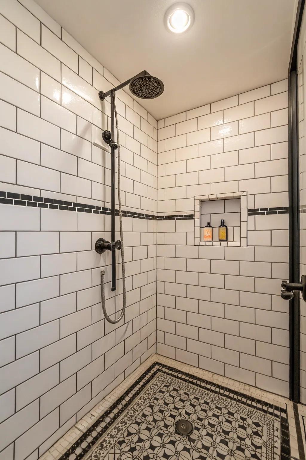 Monochrome tiles create a chic, timeless shower design.