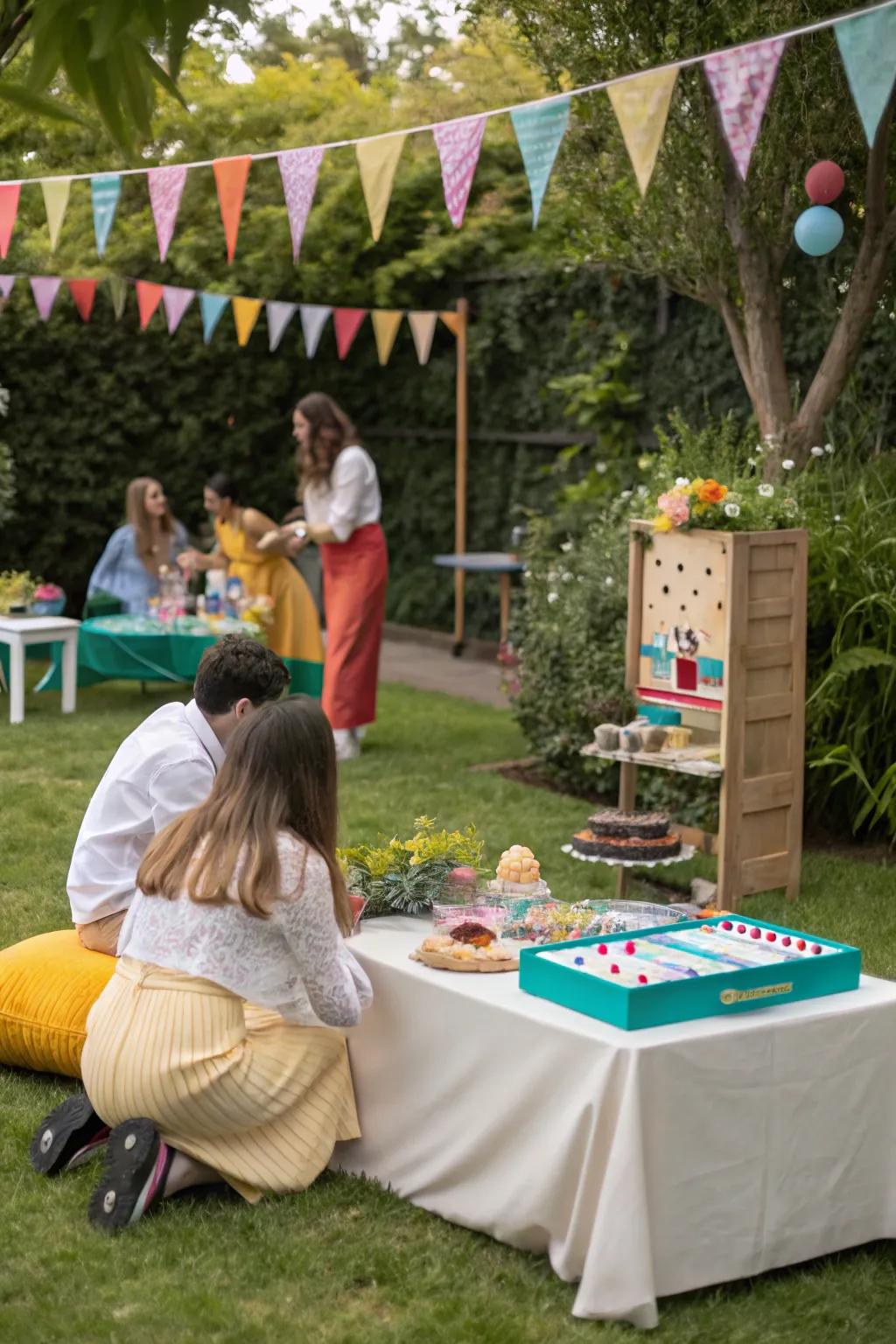 A garden party featuring a hidden dessert table.