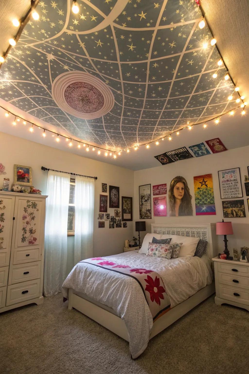 A surprising ceiling design adds an unexpected wow factor to a teen girl's room.