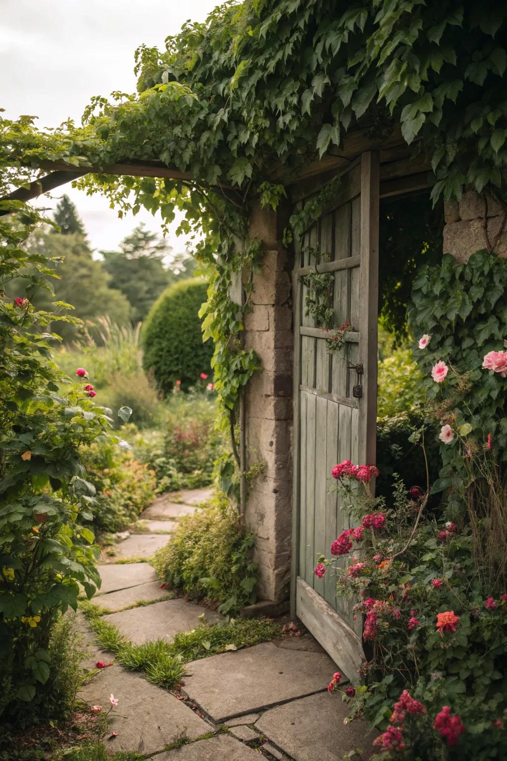 A hidden garden door that invites curiosity and exploration.