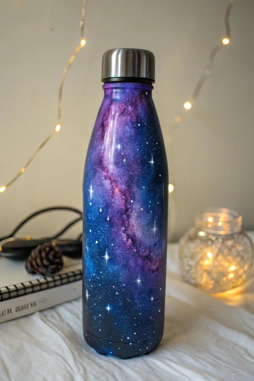 A mystical water bottle with a galaxy-inspired design.